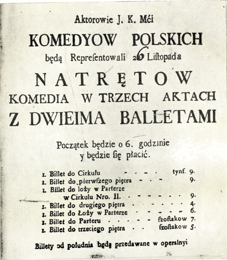 Afisz przedstawienia „Natręci” Józefa Bielawskiego z dnia 26 listopada 1765 roku, Muzeum Teatralne w Warszawie