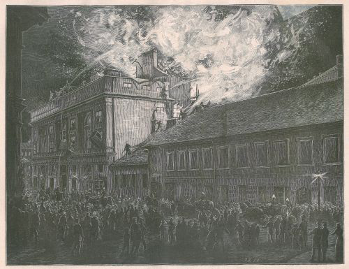 Paweł Boczkowski, Józef Jarmużyński, Czesław Borys Jankowski, „Pożar Teatru Rozmaitości w Warszawie” (widok zewnętrzny), 1883 / domena publiczna