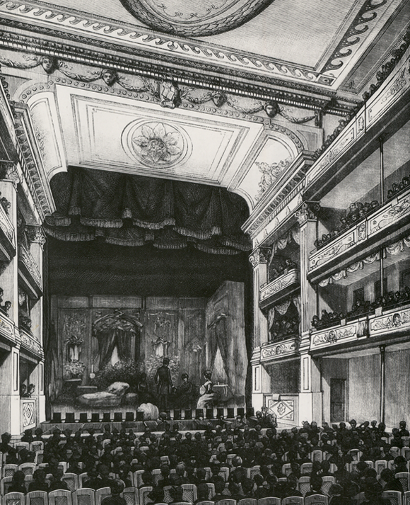 J.K. (prawdopodobnie Józef Kontkiewicz), „Wnętrze Teatru Rozmaitości w Warszawie po jego odbudowie”, 1884 / domena publiczna)